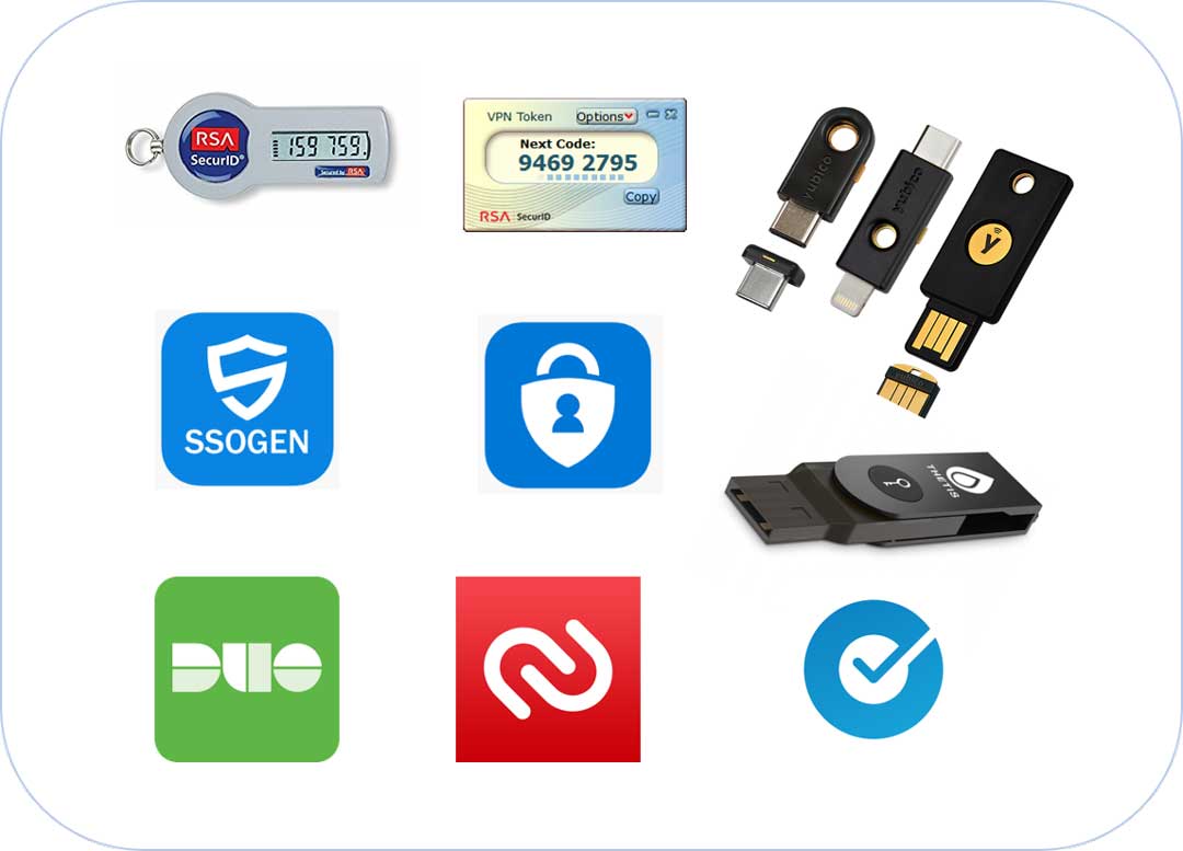 SSOGEN Compatible MFA solutions including RSA Tokens, Yubi Key, FIDO, DUO, Authy, Okta Verify, and Microsoft Authenticator.